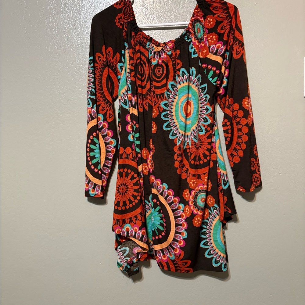 Boho Floral Tunic shirt - Brown, Orange & Turquoise